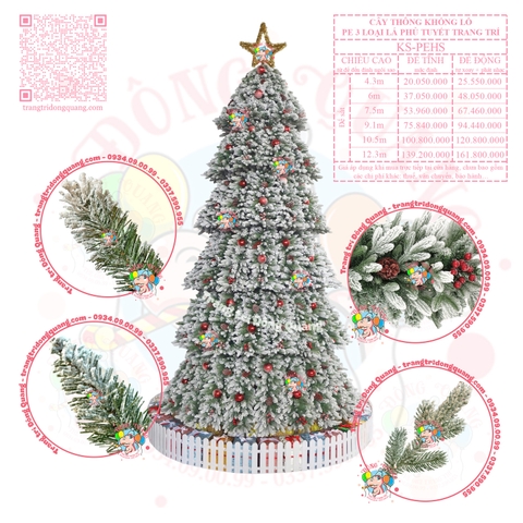 Cây thông khổng lồ PE 3 loại lá phủ tuyết trang trí