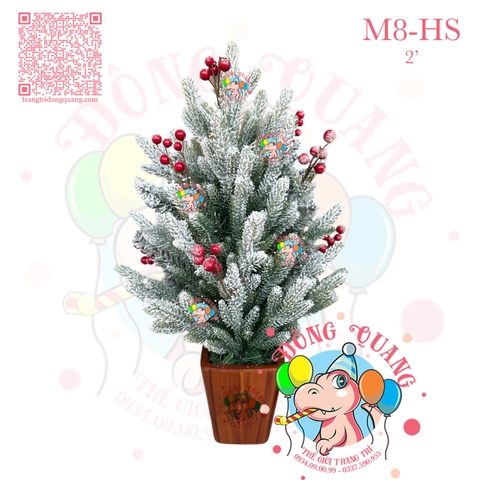 Cây thông mini PE 3 loại lá phủ tuyết cherry (M8-HS chậu nhựa)