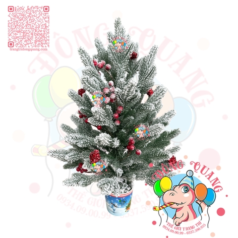 Cây thông mini PE phủ tuyết trái thông, cherry