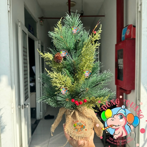 Cây thông mini 3 loại lá cước lăn sơn gắn trái thông, cherry