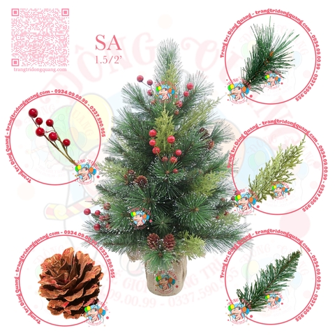 Cây thông mini 3 loại lá cước lăn sơn gắn trái thông, cherry