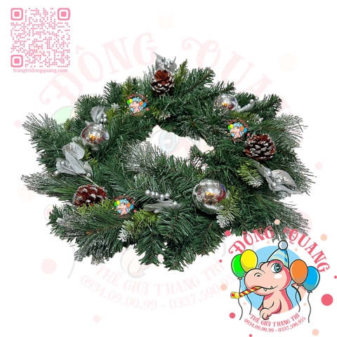 Vòng hoa 3 loại lá lăn kim tuyến bạc trang trí