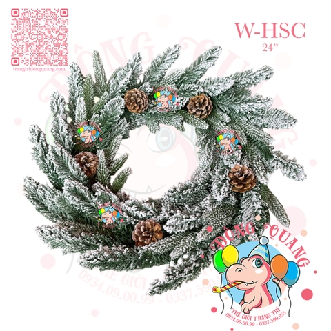 Vòng hoa 3 loại lá phủ tuyết gắn trái thông