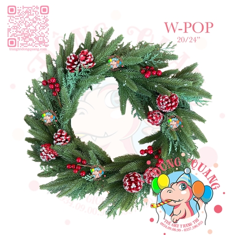 Vòng hoa PE 2 loại lá gắn trái thông, cherry