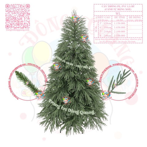 Cây thông PE, PVC lá rủ (cành tự động xoè)