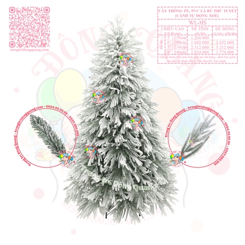 Cây thông PE, PVC lá rủ phủ tuyết (cành tự động xoè)
