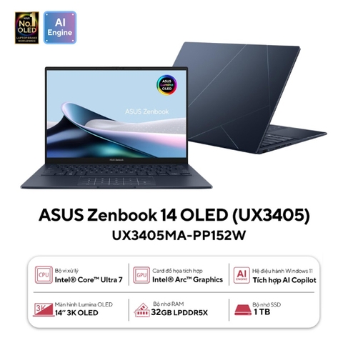 Laptop Asus Zenbook 14 OLED UX3405MA-PP152W (Ultra 7 155H/ 32GB/ 1TB SSD/ 14 inch 3K/ Win11/ Blue)