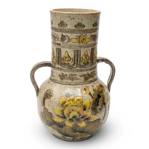 Bình gốm men tiêu có tai hoa sen vàng 2