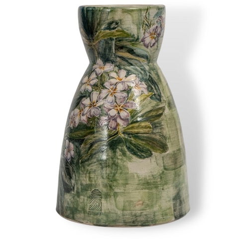 Bình Gốm Cắm Hoa, Họa Tiết Hoa Dừa Cạn Tím, Dáng Bó Mạ Độc Đáo, Nền Lục