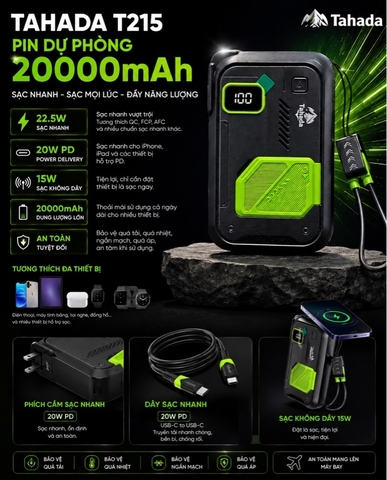 PIN SẠC DỰ PHÒNG CHÍNH HÃNG TAHADA T-215A 20.000MAH SẠC NHANH 22.5W