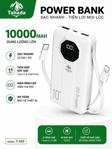 PIN SẠC DỰ PHÒNG CHÍNH HÃNG TAHADA T-103 10.000MAH SẠC NHANH 22.5W