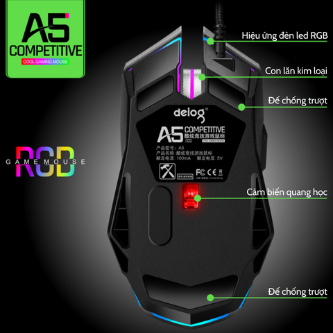 CHUỘT CÓ DÂY CHÍNH HÃNG DEIOG A5 LED RGB