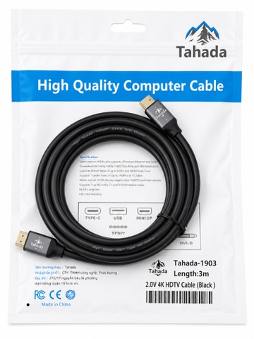 CÁP HDMI TAHADA 4K*2K DÀI 3M - MODEL: 1903