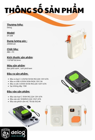 PIN SẠC DỰ PHÒNG KHÔNG DÂY CHÍNH HÃNG DEIOG DY-208 20.000MAH SẠC NHANH 22.5W