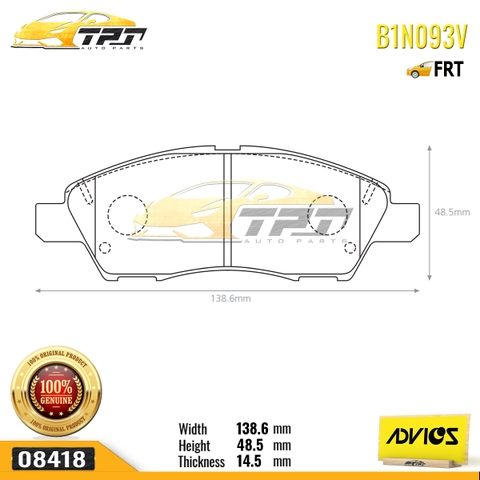 B1N093V - Bố Thắng - Má Phanh TRƯỚC Nissan GRAND LIVINA VN 1.8 10-12 Nissan SUNNY VN 1.5 13- TIDA 1.6 04-10 ADVICS - Japan