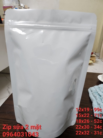 túi zip 2 mặt trắng sữa đáy đứng - zip nhôm trắng sữa 2 mặt