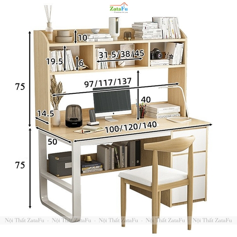 Bàn Học Sinh 3 Ngăn Kéo Kết Hợp Chân Kim Loại Sơn Tĩnh Điện Và Kệ Sách Tiện Dụng BLV-144 ZataFu