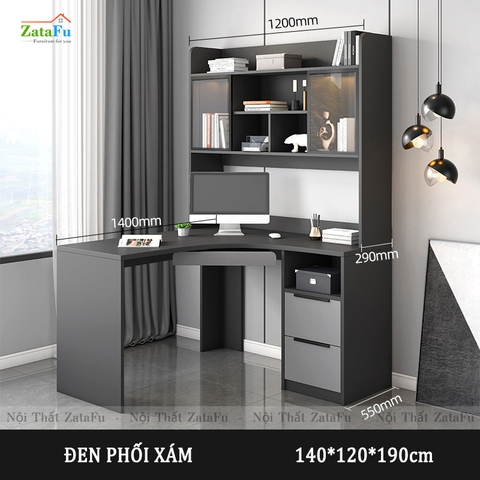 Bàn làm việc chữ L liền kệ sách và tủ trang trí đèn LED BLV-57