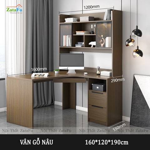 Bàn làm việc chữ L liền kệ sách và tủ trang trí đèn LED BLV-57
