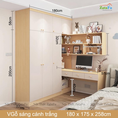Bàn làm việc, bàn vi tính phối hợp tủ quần áo và kệ treo tường BLV-84