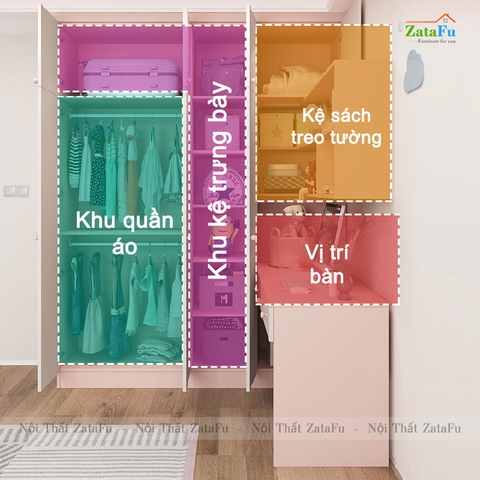 Bàn làm việc, bàn vi tính phối hợp tủ quần áo và kệ treo tường BLV-84