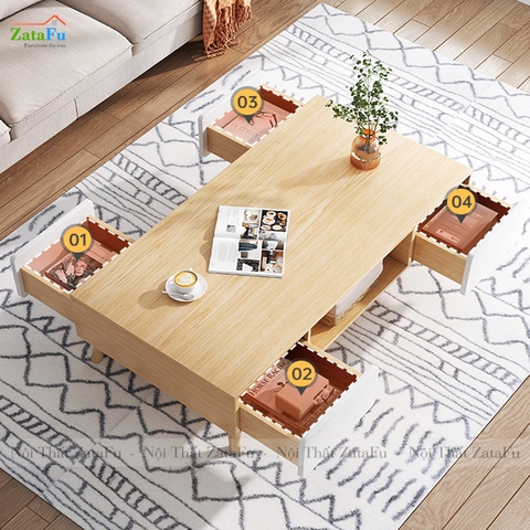 Bàn sofa chân gỗ với 4 hộc tủ kéo thiết kế đơn giản BSF-09
