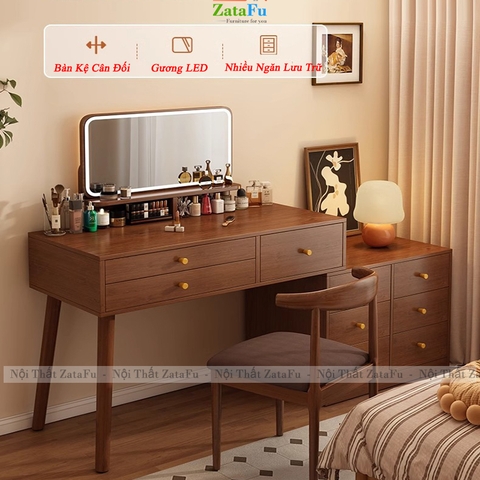 Bàn Trang Điểm Chân Gỗ Tự Nhiên Thiết Kế Nhiều Ngăng Chứa Đồ BTD-30 ZataFu