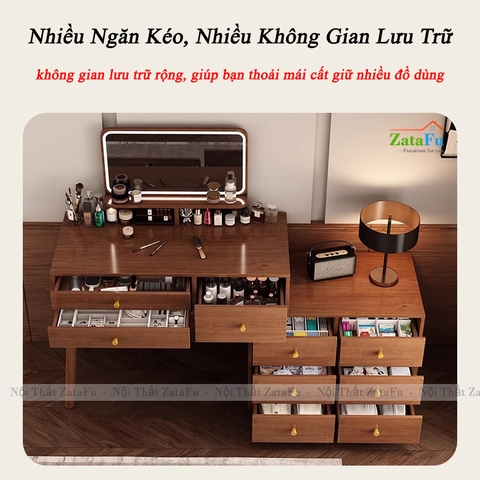 Bàn Trang Điểm Chân Gỗ Tự Nhiên Thiết Kế Nhiều Ngăng Chứa Đồ BTD-30 ZataFu