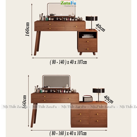 Bàn Trang Điểm Chân Gỗ Tự Nhiên Thiết Kế Nhiều Ngăng Chứa Đồ BTD-30 ZataFu