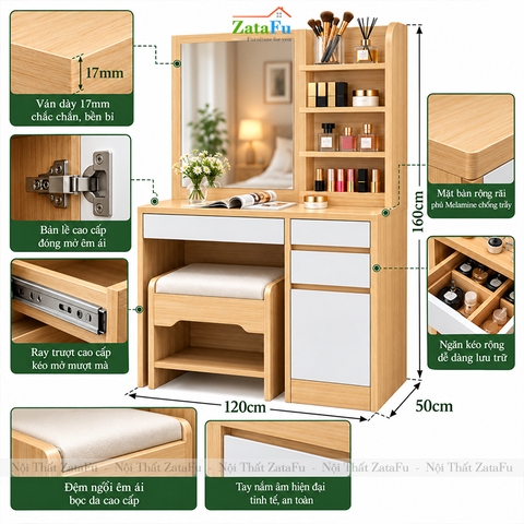 Bàn Trang Điểm Phong Cách Bắc Âu Có Kèm Ghế Thiết Kế Đơn Giản BTD-33 ZataFu