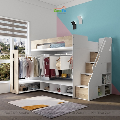 Giường tầng cho trẻ tích hợp tủ quần áo và ngăn đựng sách GG-07