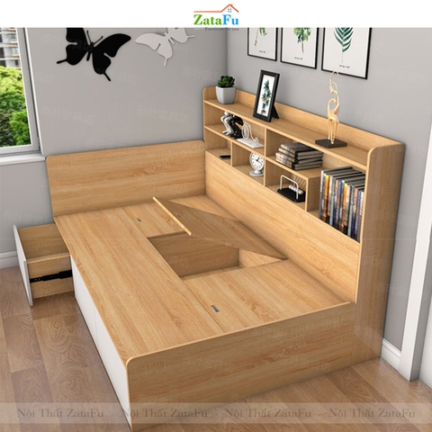 Giường ngủ gỗ 2 người có kệ sách trang trí GG-01