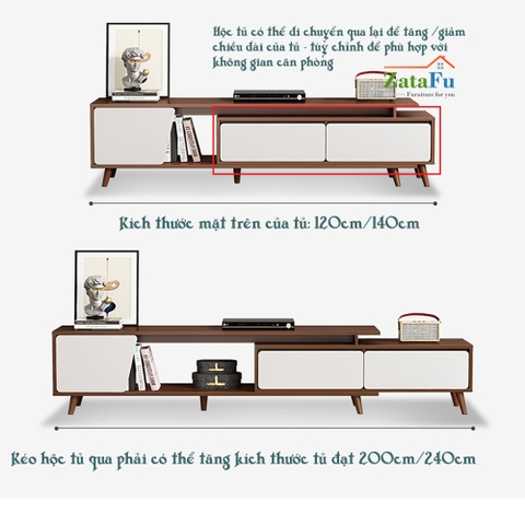 Tủ kệ tivi chân gỗ kéo giãn kích thước KTV-02