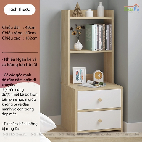 Tủ Đầu Giường Decor Nội Thất Phòng Ngủ 2 Ngăn Kéo Kèm Kệ Sách TDG-34