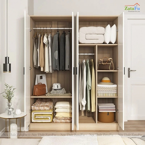 Tủ Đựng Quần Áo 4 Cánh Treo Áo Quần Gỗ Dày 17mm TQA-66