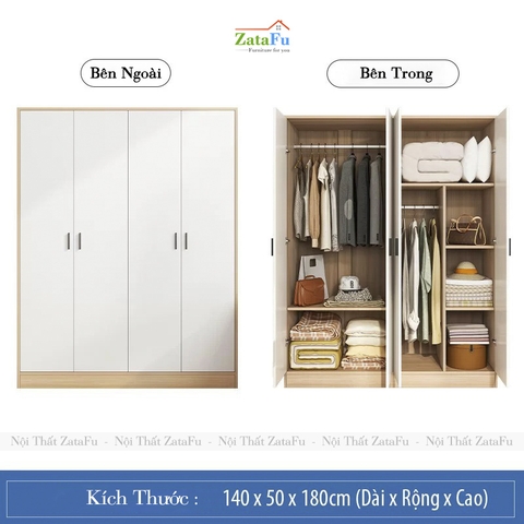 Tủ Đựng Quần Áo 4 Cánh Treo Áo Quần Gỗ Dày 17mm TQA-66