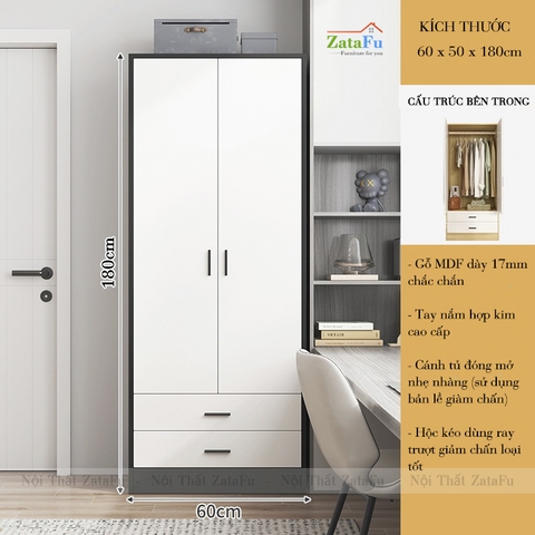 Tủ Quần Áo 2 Cánh 2 Ngăn Kéo Gỗ Dày 17mm Dùng Bản Lề Cánh Cửa Và Ray Trượt Giảm Chấn TQA-61