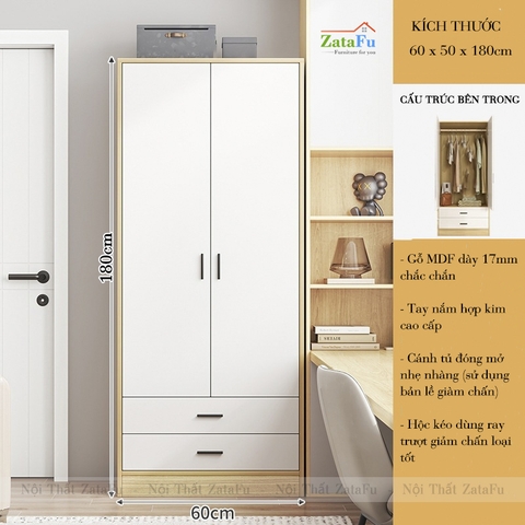 Tủ Quần Áo 2 Cánh 2 Ngăn Kéo Gỗ Dày 17mm Dùng Bản Lề Cánh Cửa Và Ray Trượt Giảm Chấn TQA-61