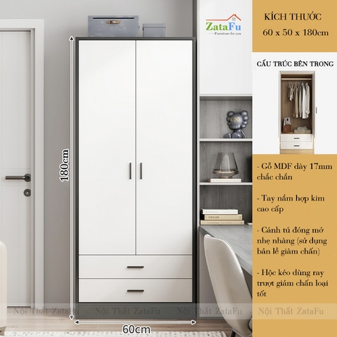 Tủ Quần Áo 2 Cánh 2 Ngăn Kéo Gỗ Dày 17mm Dùng Bản Lề Cánh Cửa Và Ray Trượt Giảm Chấn TQA-61