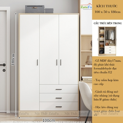 Tủ Áo Quần Gỗ 3 Cánh Có Nhiều Ngăn Xếp Đồ Và 3 Ngăn Kéo TQA-65