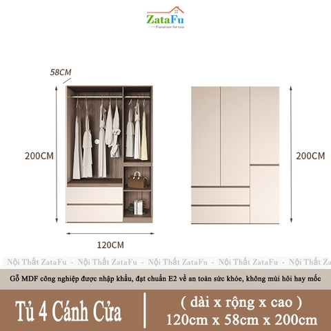 Tủ Quần Áo Gỗ MDF Nhiều Cánh Tủ Thiêt Kế Hiện Đại TQA-75 ZataFu