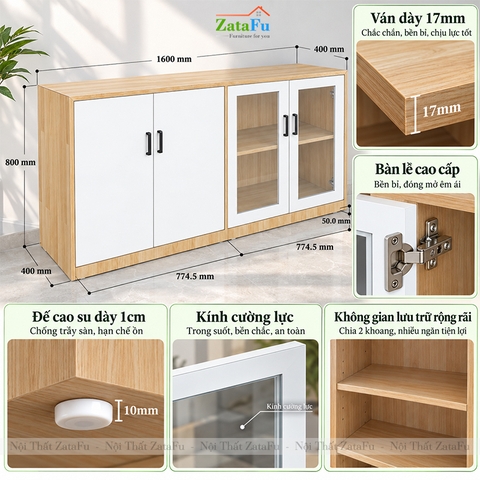 Tủ Trang Trí Tủ Đựng Tài Liệu Hiện Đại Có Kính Gỗ MDF Dày 17mm TUTT-80 ZataFu