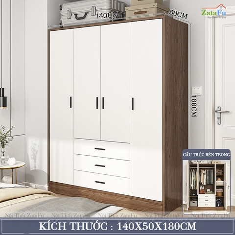 Tủ Treo Quần Áo 4 Buồng 3 Ngăn Kéo Giảm Chấn Ván MDF Dày 17mm TQA-67