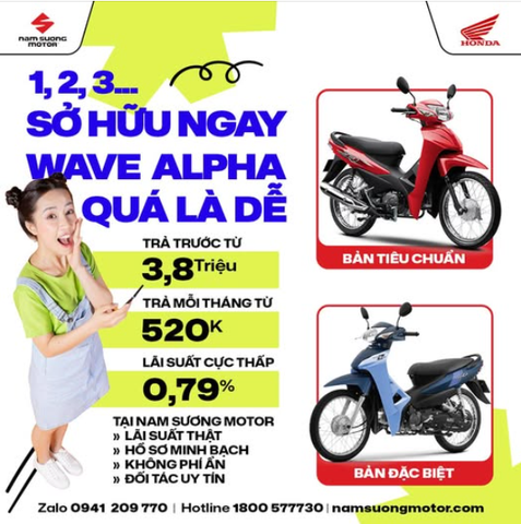 Cân đối chi tiêu quá dễ dàng - Vừa MUA XE WAVE ALPHA vừa TIẾT KIỆM chỉ trả từ 3,8 triệu! Giải pháp mua xe dành riêng cho Quý Khách mua xe tại Hệ thống Nam Sương Motor: