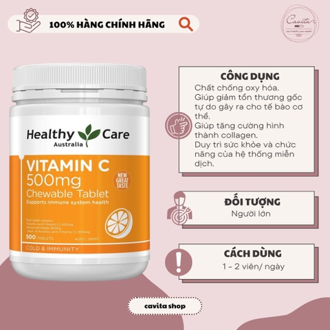 [HEALTHY CARE] Viên kẹo bổ sung Vitamin C 500mg Chewable 500 viên