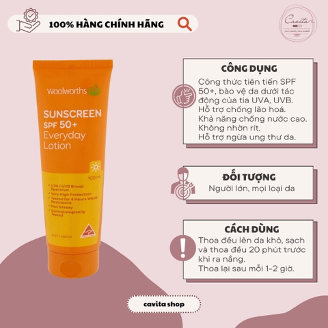 [WOOLWORTHS] Kem chống nắng tuýp 100ml - Sunscreen Everyday Tube Spf 50+ 100ml