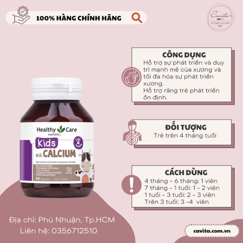 [HEALTHY CARE] Viên uống bổ sung Canxi cho bé Kids Milk Calcium 60 viên
