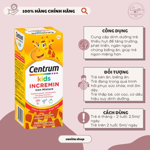 [CENTRUM] Siro dành cho bé biếng ăn Centrum Kids Incremin Iron Mixture Cherry Flavour 200ml