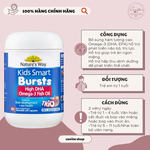 [NATURE'S WAY] Kẹo bổ sung Omega 3 hàm lượng cao 180 viên Kids Smart Bursts High DHA Omega-3 Fish Oil Trio