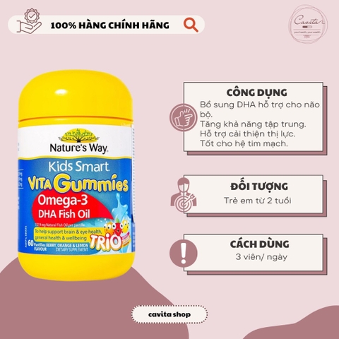 [NATURE'S WAY] Kẹo bổ sung Omega 3 60 viên - Kids Smart Vita Gummies Omega-3 DHA Fish Oil Trio